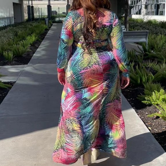 Multi Color Palm Print Maxi Dress - Picture 3 of 8
